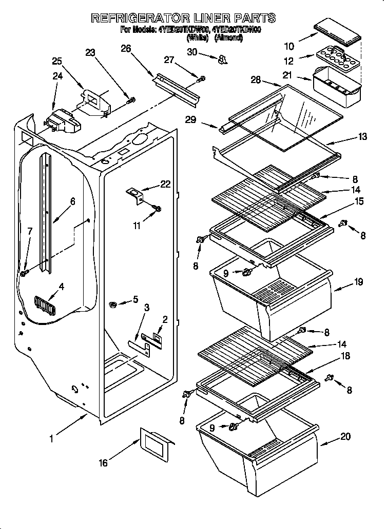 Whirlpool 4YED20TKDN00 refrigerator liner diagram