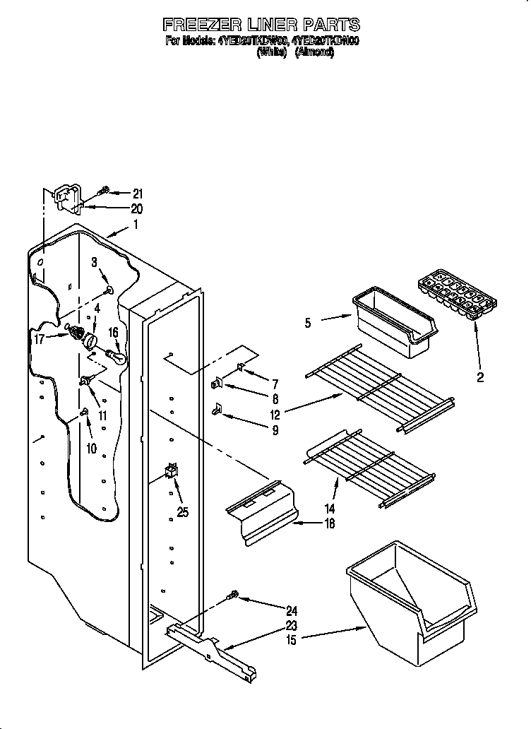 Whirlpool 4YED20TKDN00 freezer liner diagram