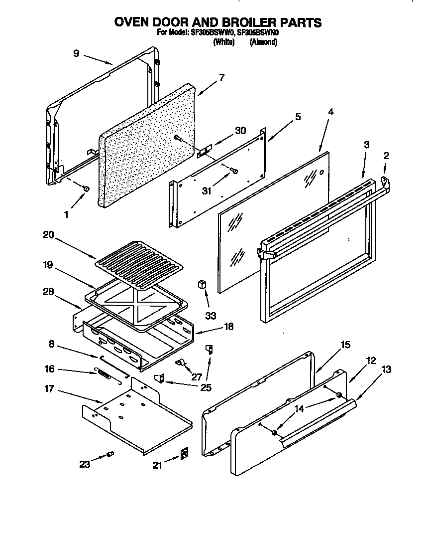 Whirlpool SF305BSWW0 oven door and broiler diagram