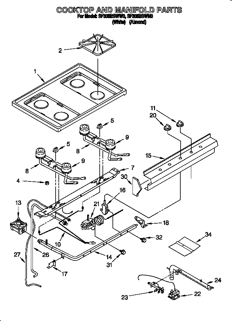 Whirlpool SF305BSWW0 cooktop and manifold diagram
