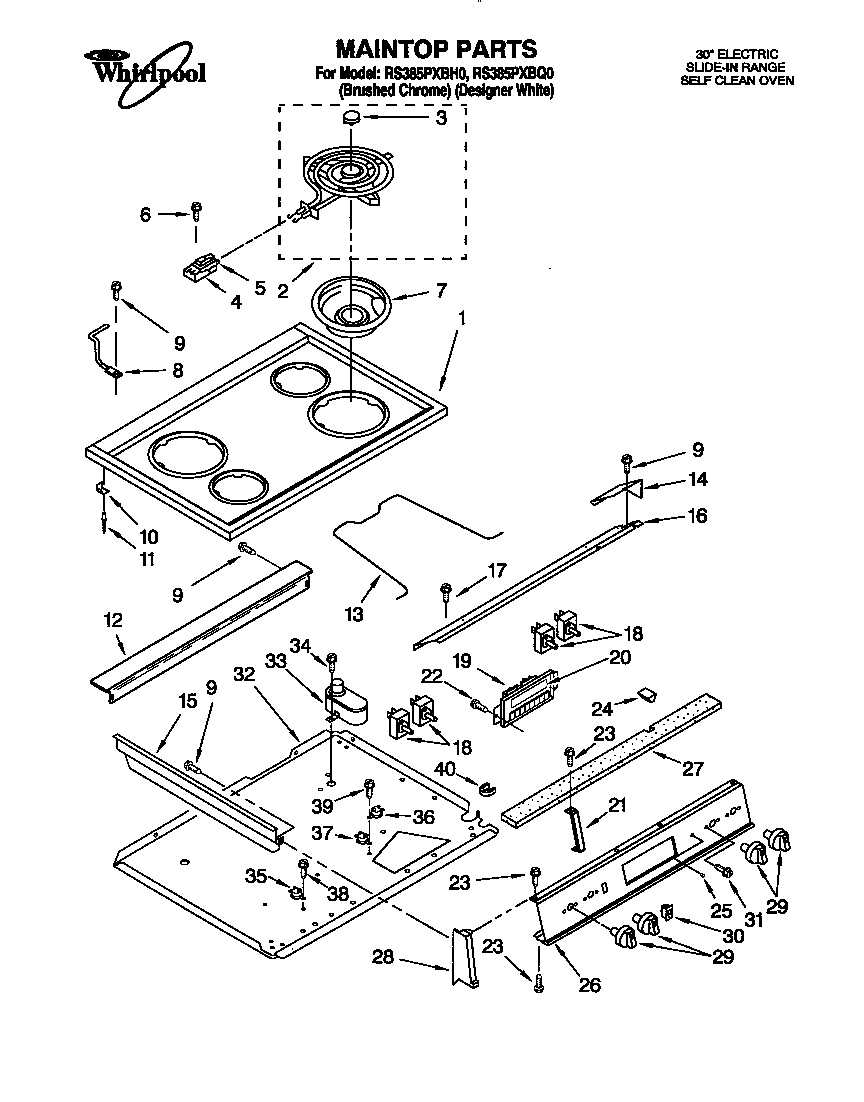 Whirlpool RS385PXBH0 maintop diagram