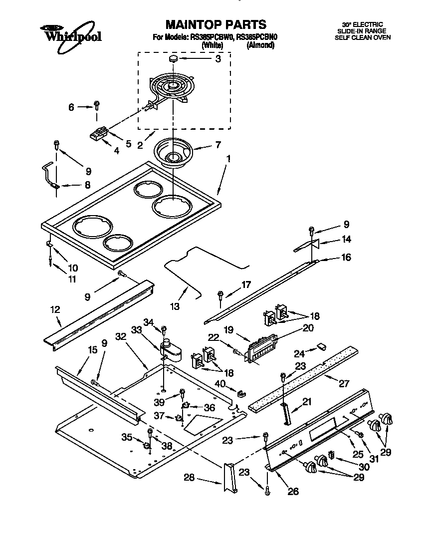 Whirlpool RS385PCBW0 maintop diagram