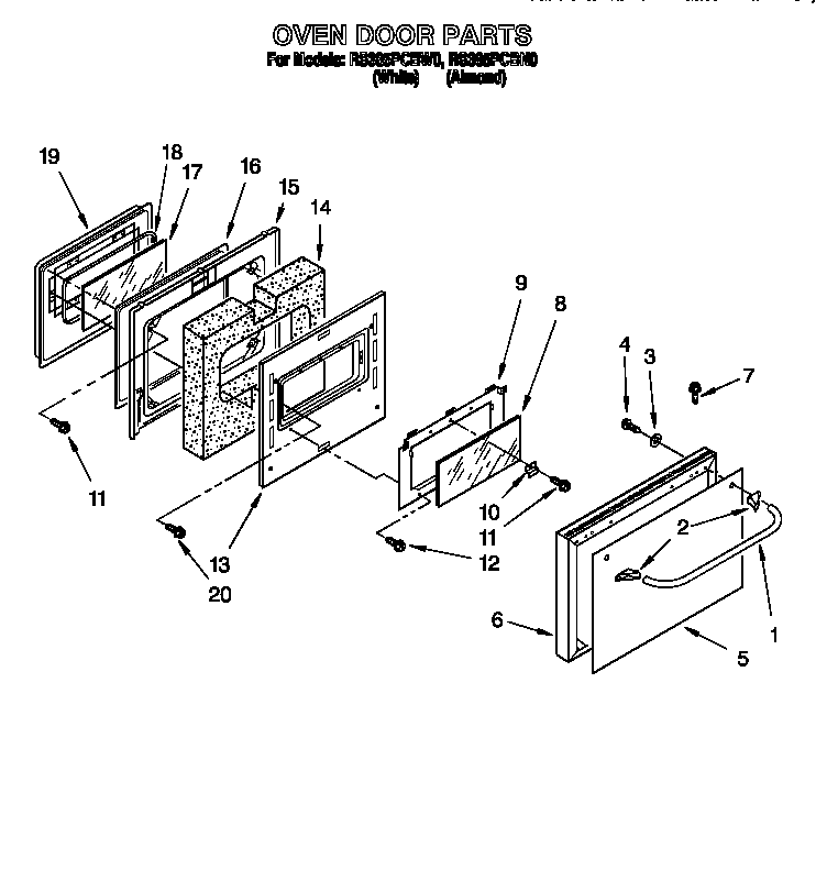 Whirlpool RS385PCBW0 oven door diagram
