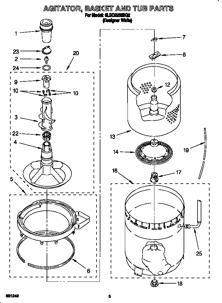 Whirlpool 6LSC9255BQ2 agitator, basket and tub diagram