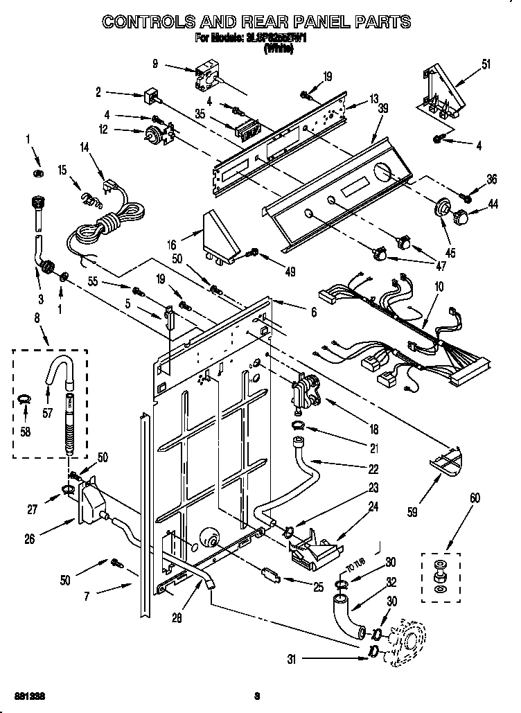 Whirlpool 3LSP8255BW1 controls and rear panel diagram