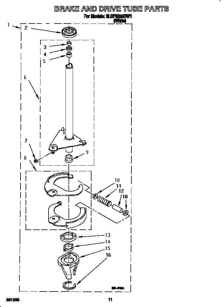 Whirlpool 3LSP8255BW1 brake and drive tube diagram