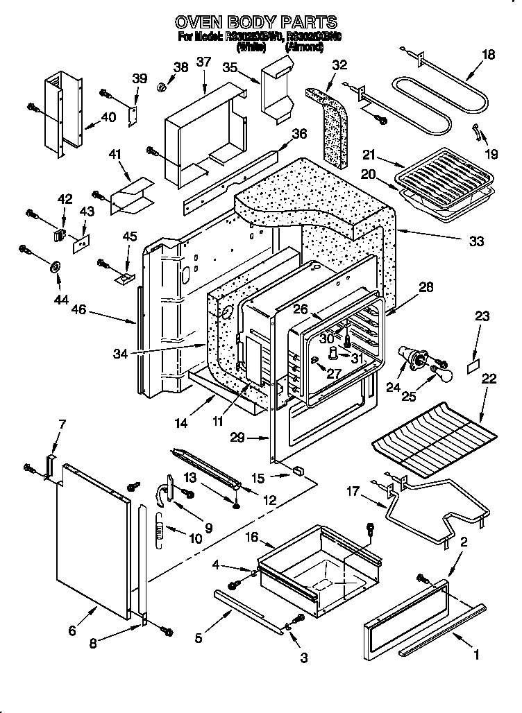 Whirlpool RS3025XBN0 oven body diagram