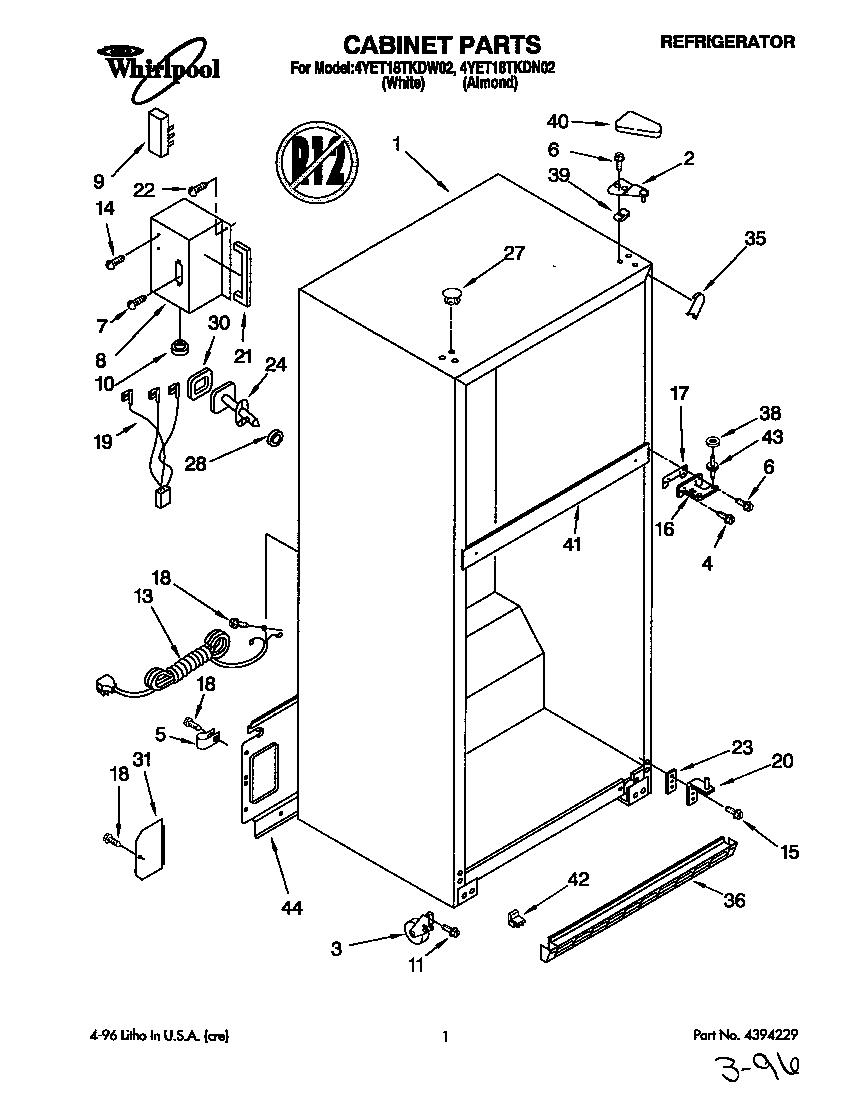 Whirlpool 4YET18TKDW02 cabinet diagram