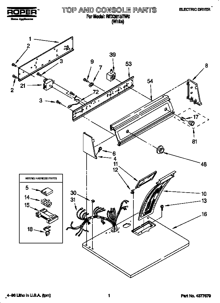 Roper REX3615EW0 top and console diagram