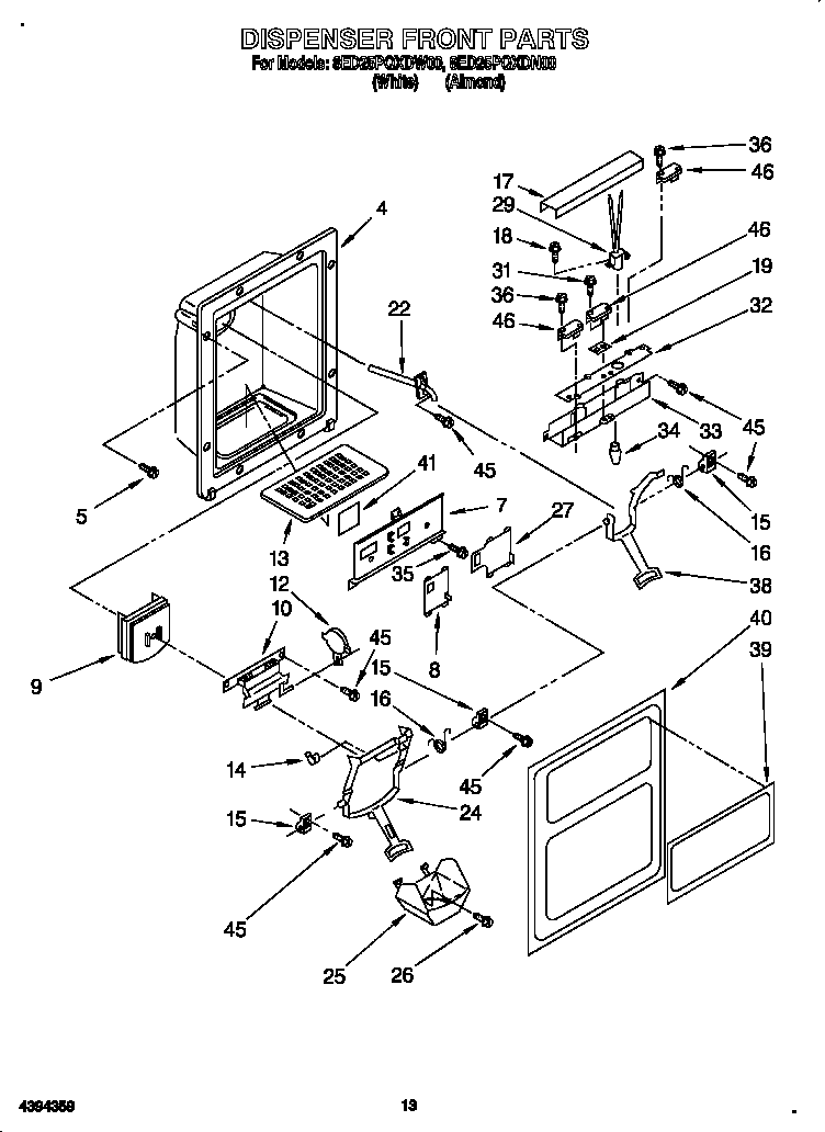 Whirlpool 8ED25PQXDN00 dispenser front diagram