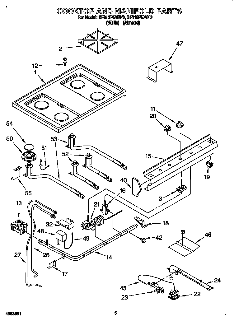 Whirlpool SF318PEWN0 cooktop and manifold diagram