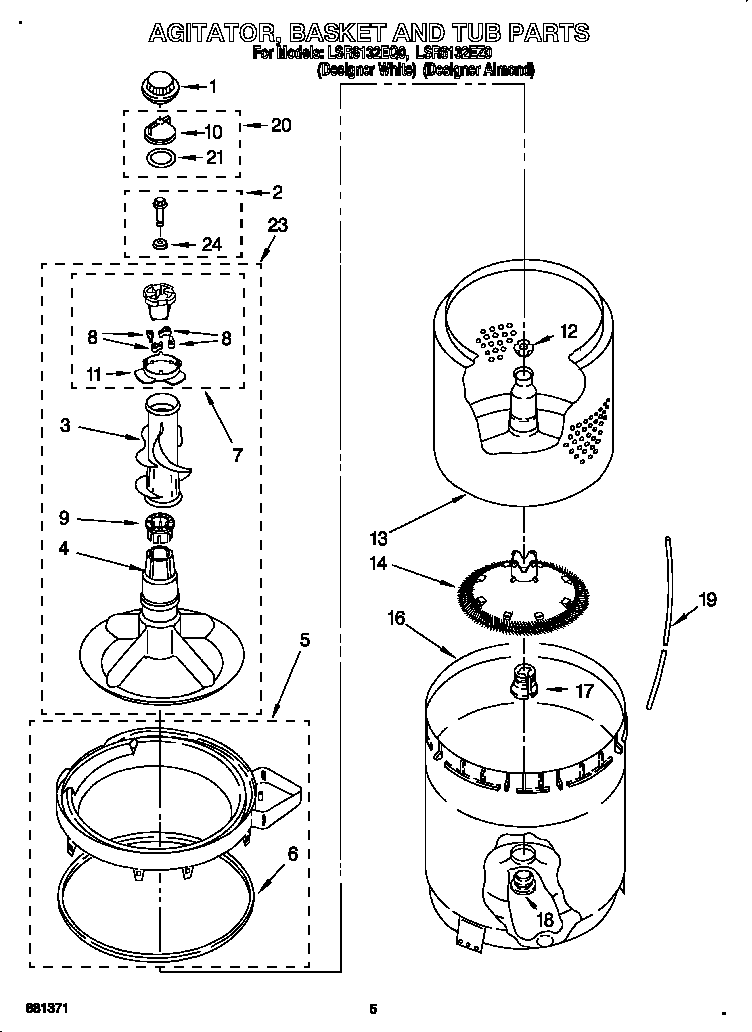 Whirlpool LSR6132EZ0 agitator, basket and tub diagram
