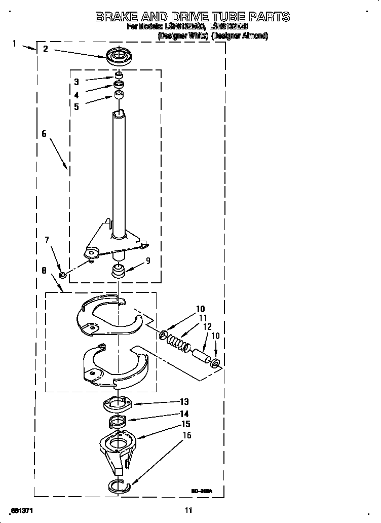 Whirlpool LSR6132EZ0 brake and drive tube diagram