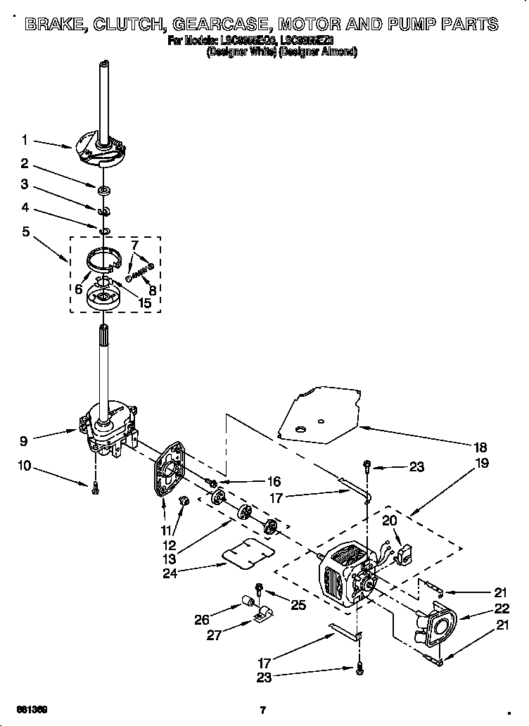 Whirlpool LSC9355EZ0 brake, clutch, gearcase, motor and pump diagram