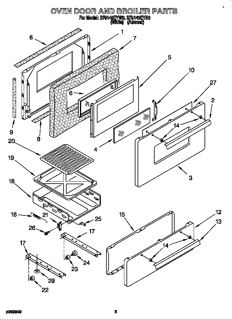 Whirlpool SF5140EYW0 oven door and broiler diagram