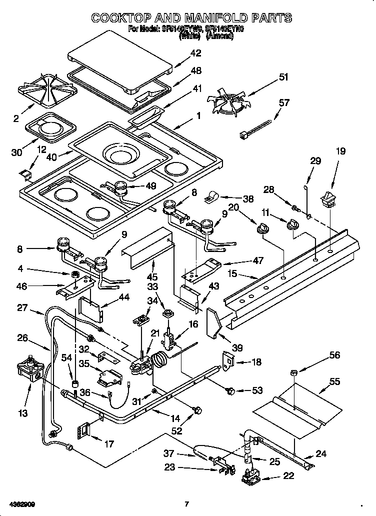 Whirlpool SF5140EYW0 cooktop and manifold diagram