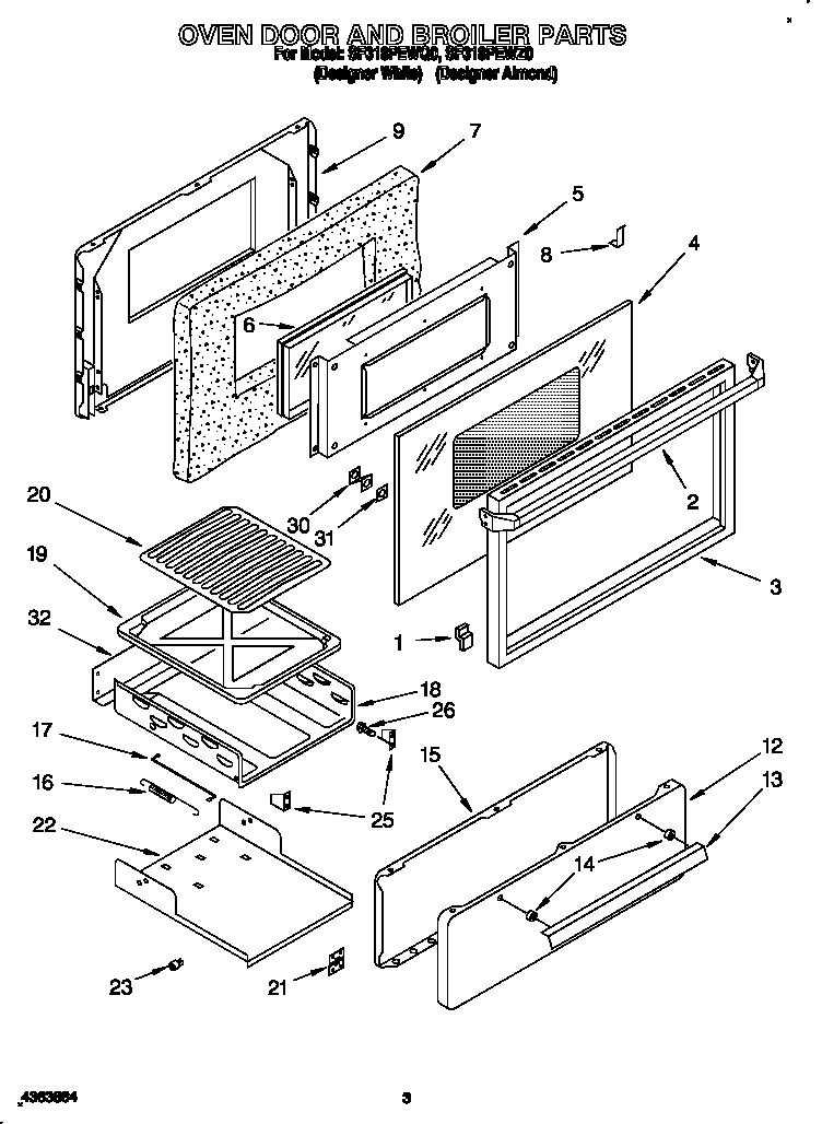 Whirlpool SF318PEWQ0 oven door and broiler diagram