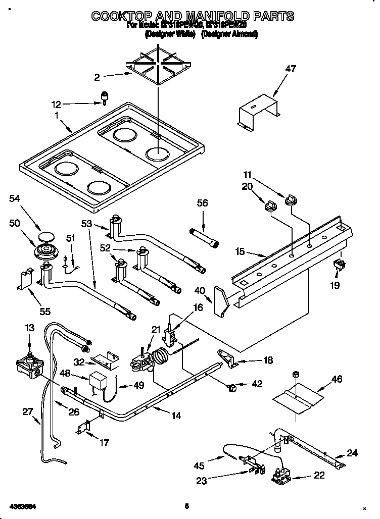 Whirlpool SF318PEWQ0 cooktop and manifold diagram