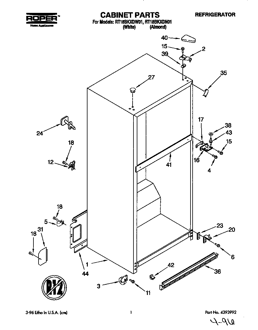 Roper RT18BKXDN01 cabinet diagram