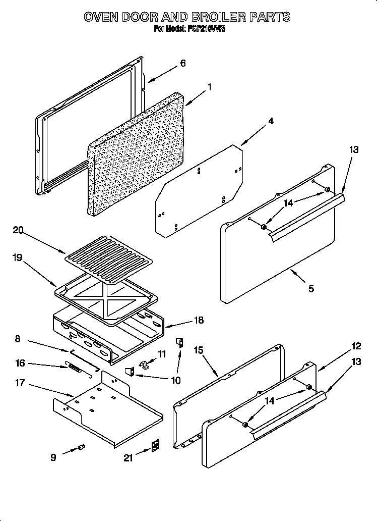 Roper FGP210VW6 oven door and broiler diagram