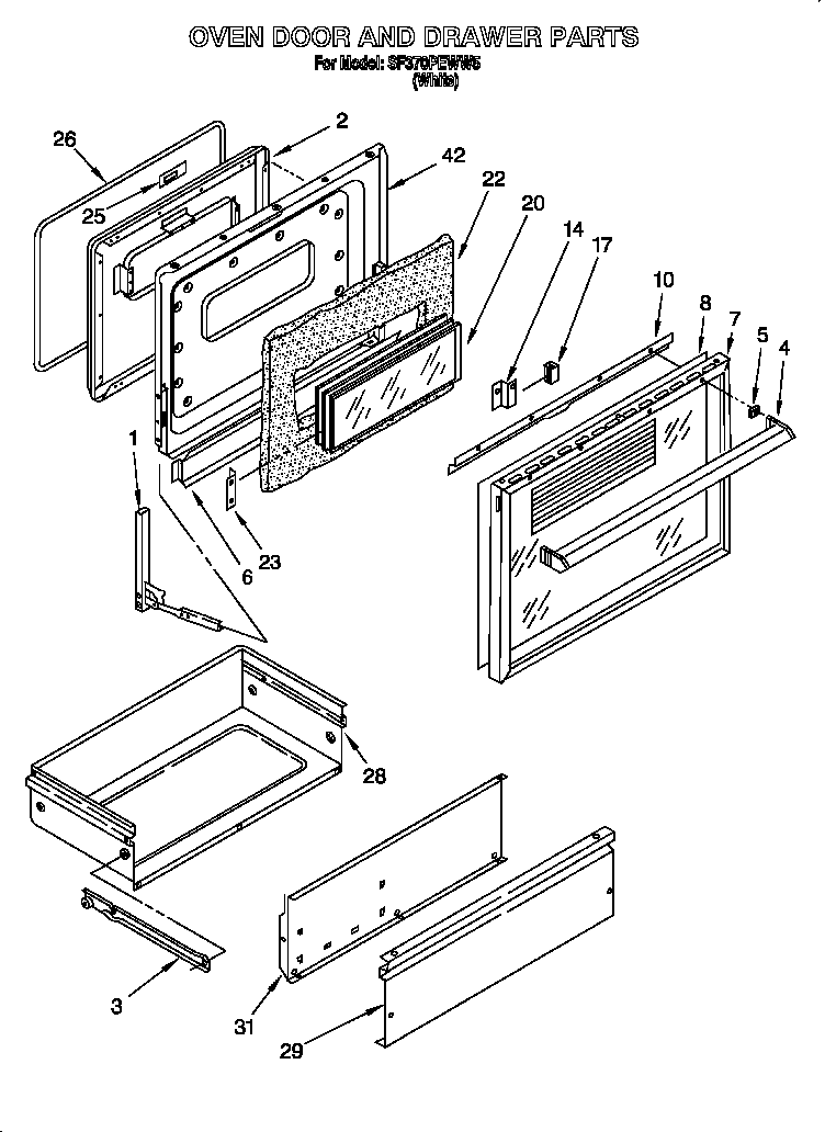 Whirlpool SF370PEWW5 oven door and drawer diagram