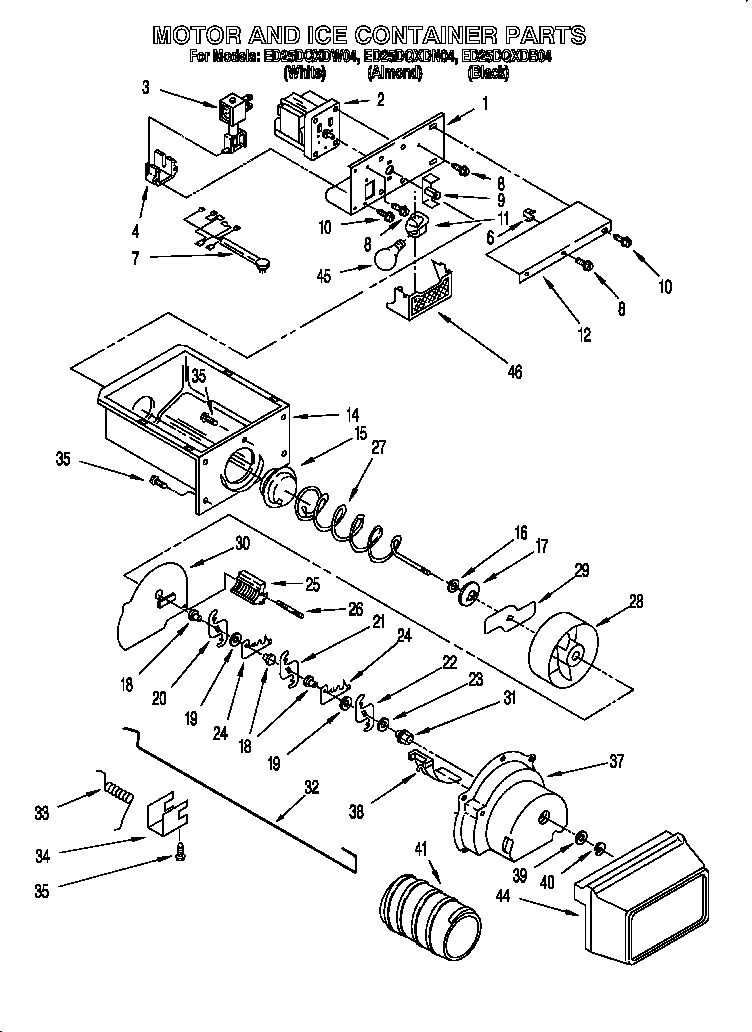 Whirlpool ED25DQXDN04 motor and ice container diagram