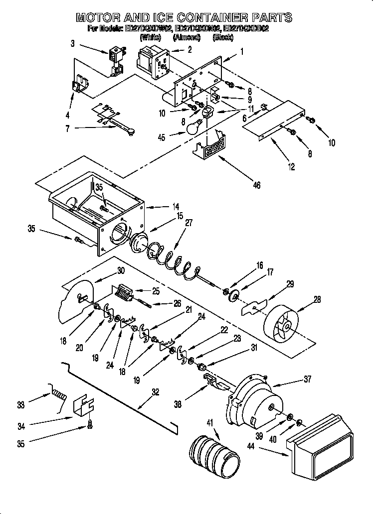 Whirlpool ED27DQXDN02 motor and ice container diagram