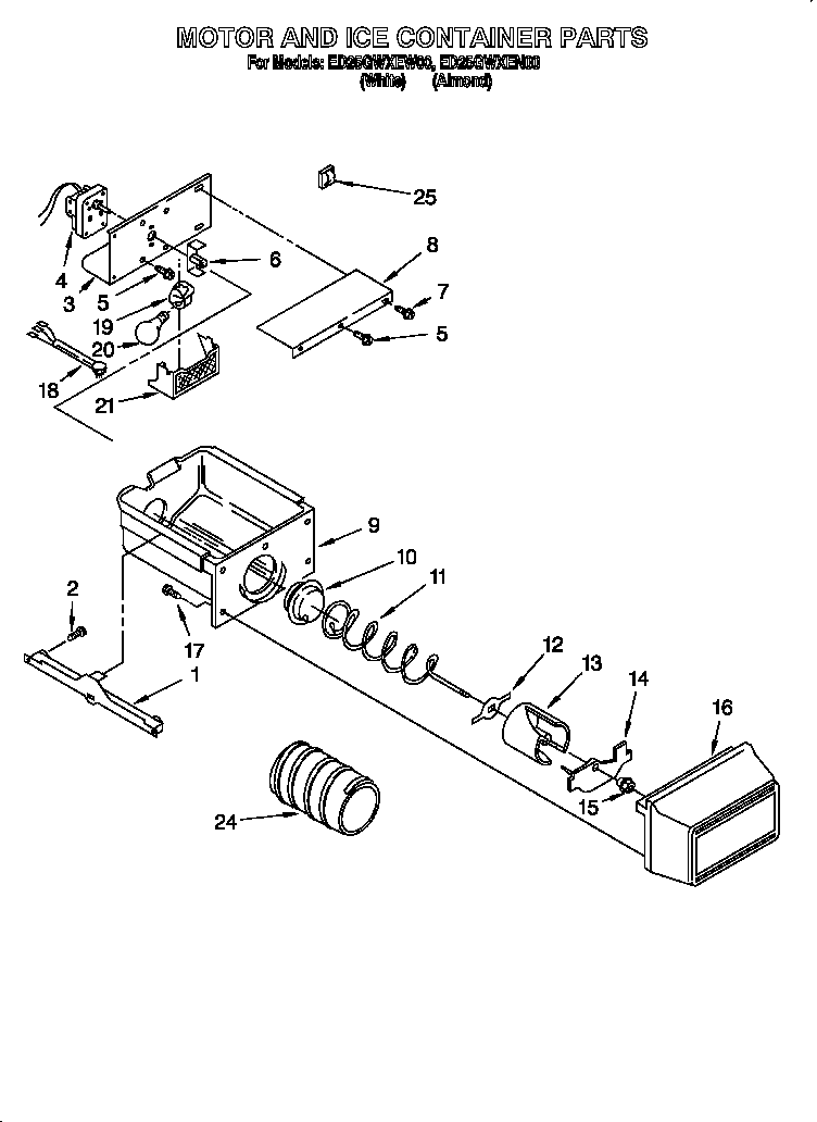 Whirlpool ED25GWXEN00 motor and ice container diagram