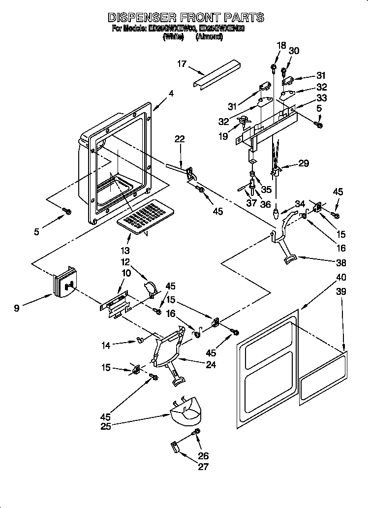 Whirlpool ED25GWXEN00 dispenser front diagram