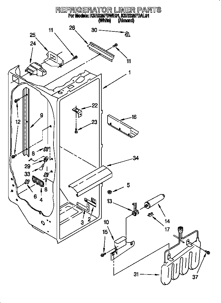 KitchenAid KSRS25FDWH01 refrigerator liner diagram