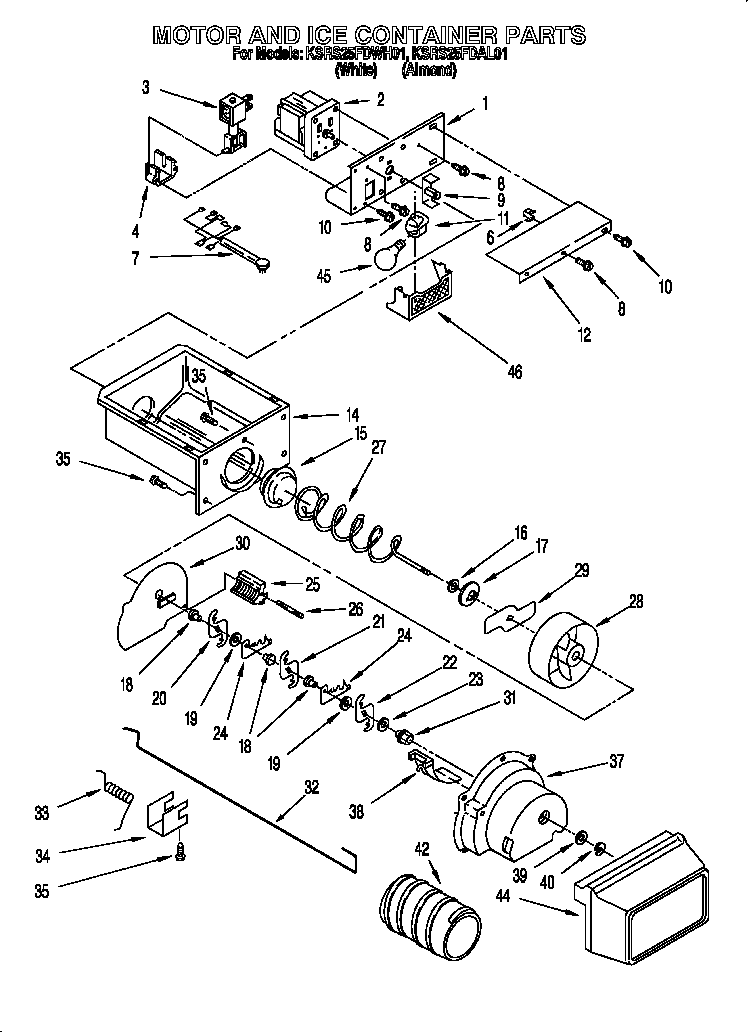 KitchenAid KSRS25FDWH01 motor and ice container diagram