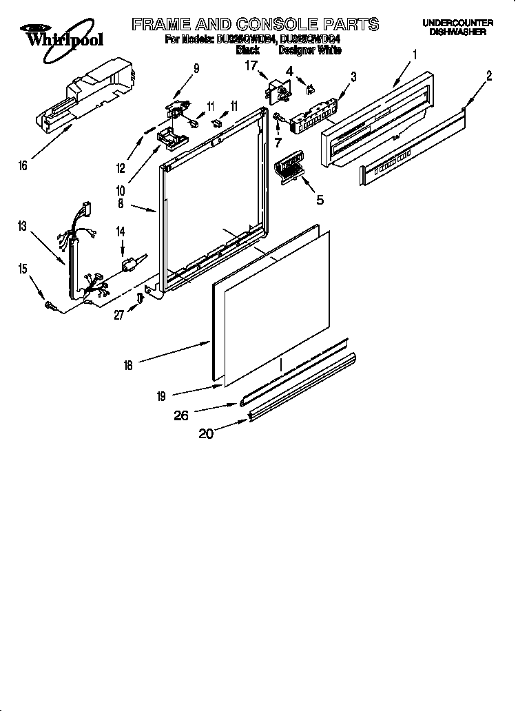 Whirlpool DU925QWDB4 frame and console diagram