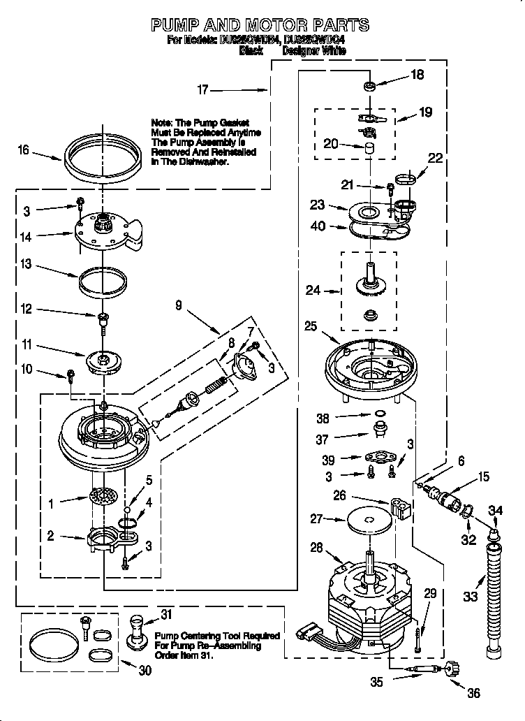 Whirlpool DU925QWDB4 pump and motor diagram