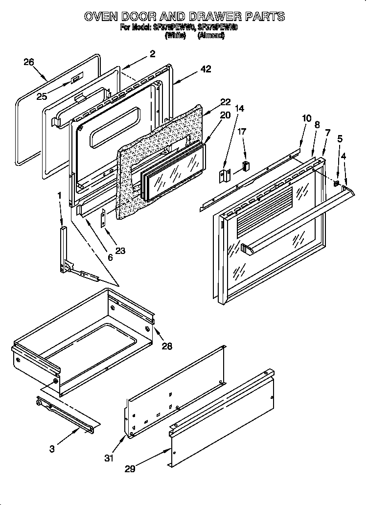 Whirlpool SF378PEWN0 oven door and drawer diagram