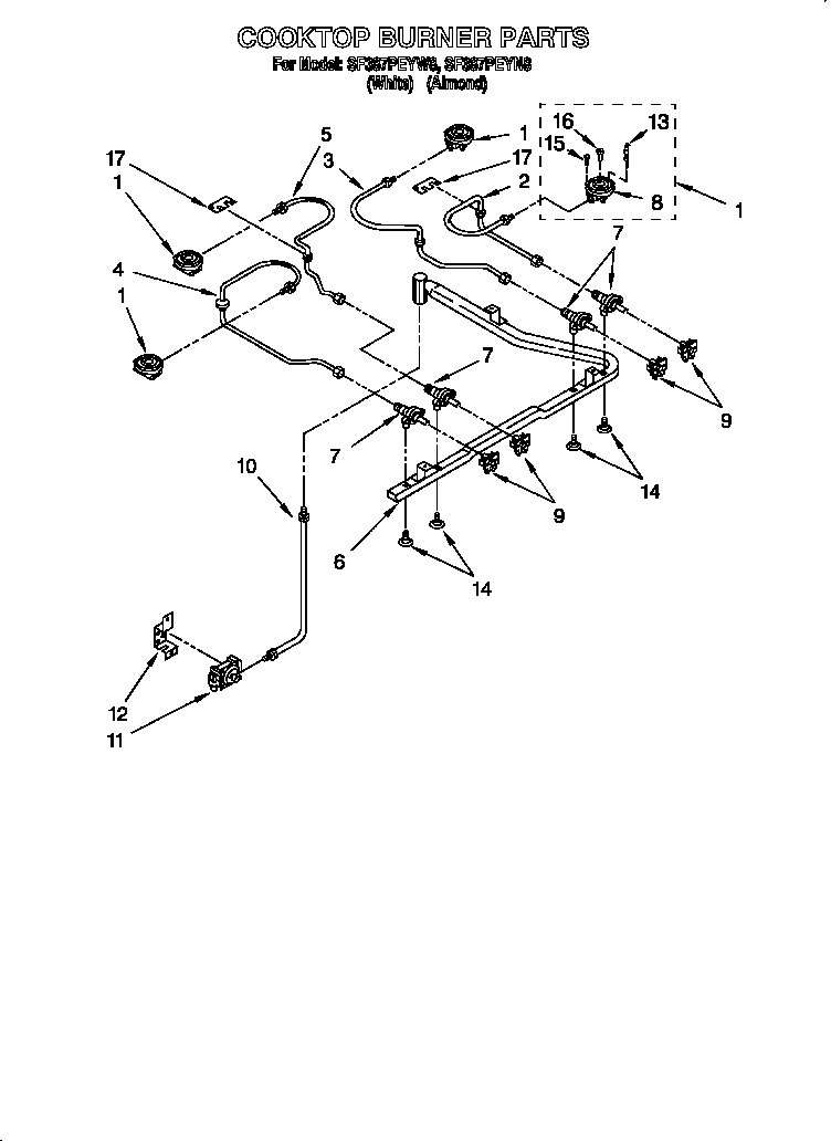Whirlpool SF387PEYW8 cooktop burner diagram