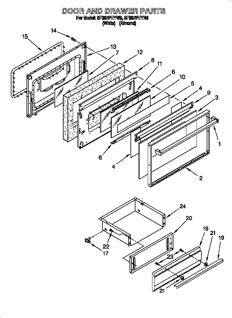 Whirlpool SF387PEYW8 door and drawer diagram