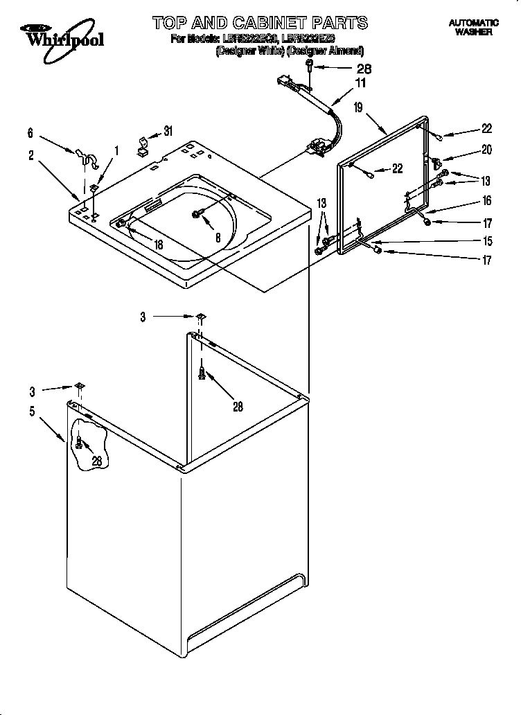 Whirlpool LBR5232EZ0 top and cabinet diagram