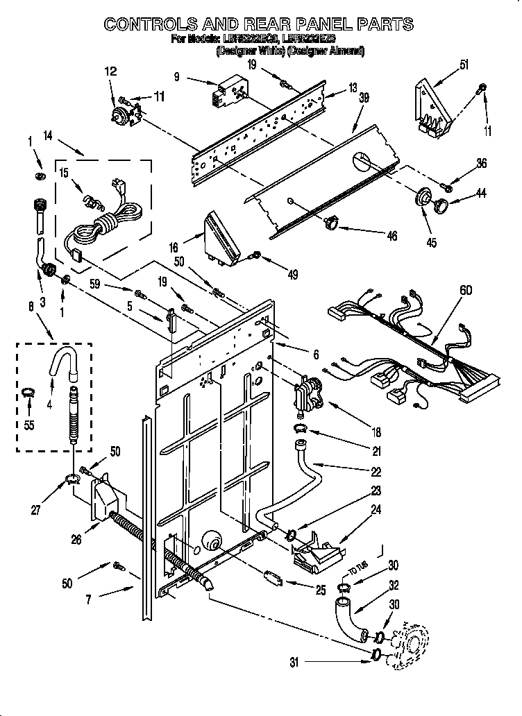 Whirlpool LBR5232EZ0 controls and rear panel diagram