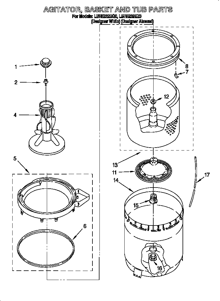 Whirlpool LBR5232EZ0 agitator, basket and tub diagram