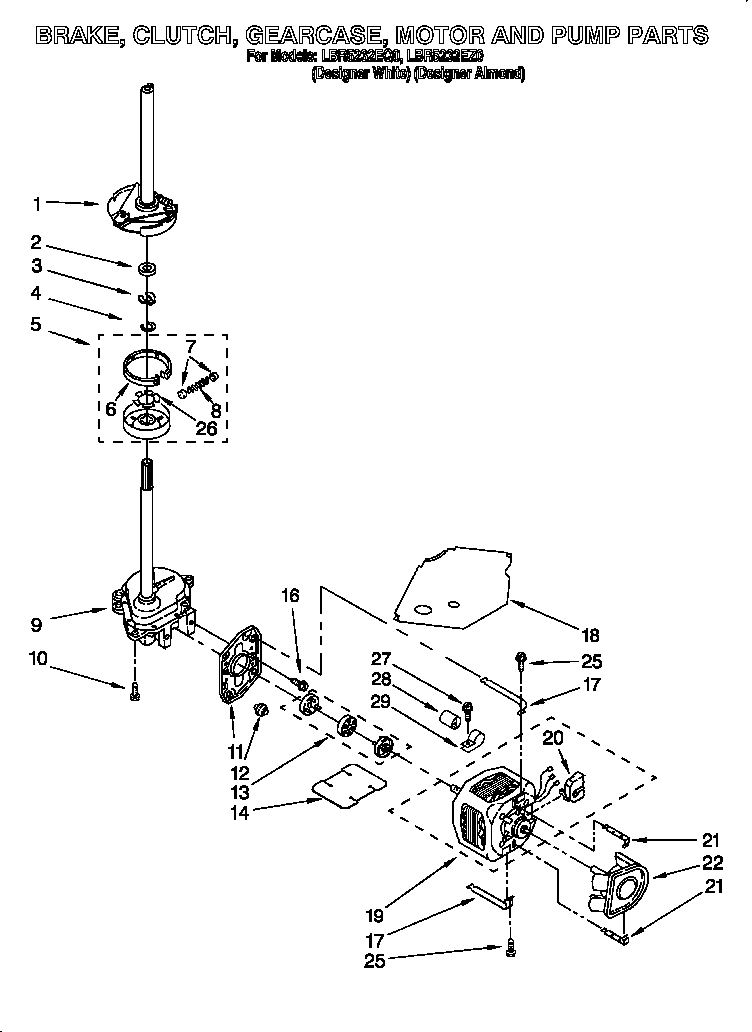 Whirlpool LBR5232EZ0 brake, clutch, gearcase, motor and pump diagram