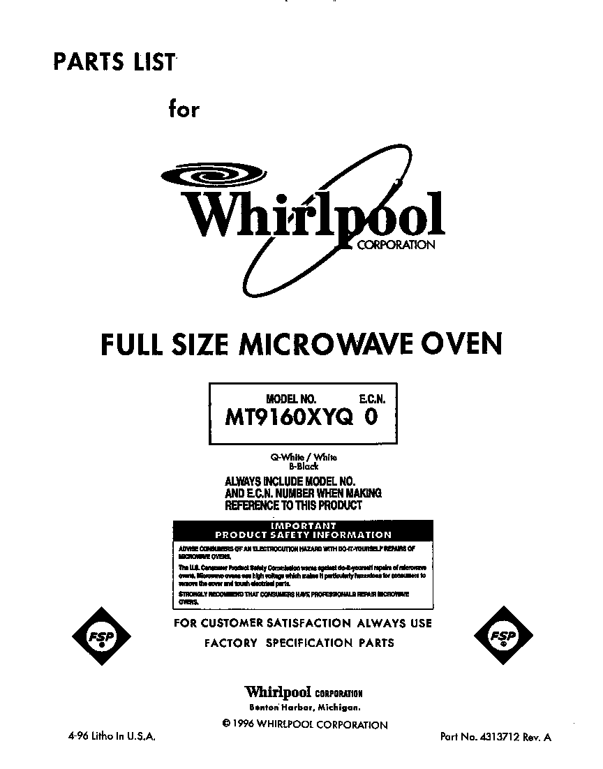Whirlpool MT9160XYB0 front cover diagram