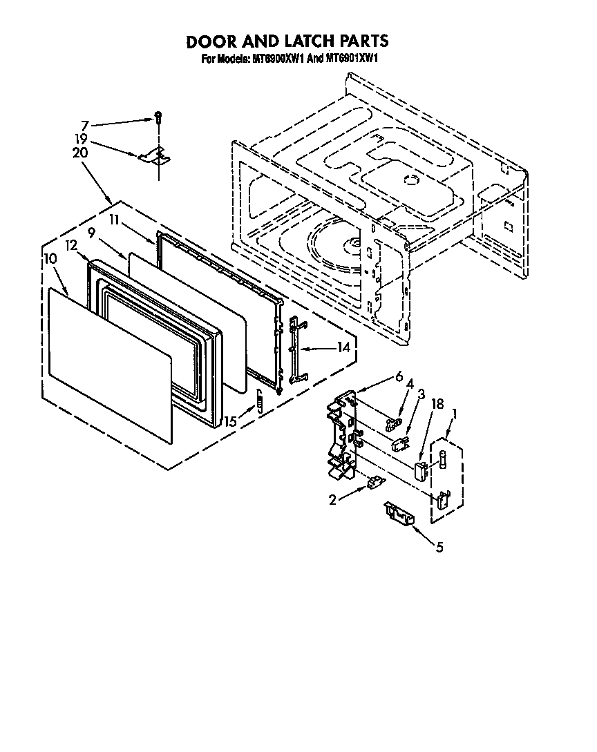 Whirlpool MT6900XW1 door and latch diagram