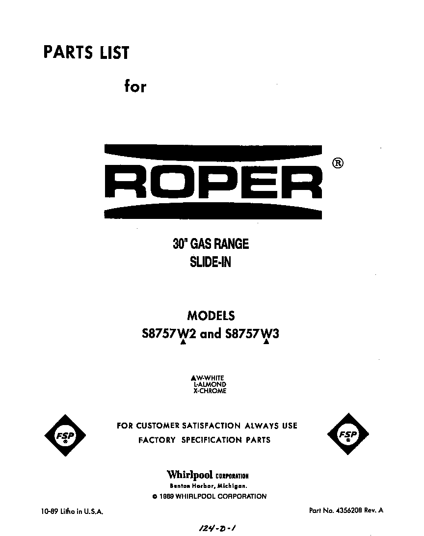 Roper S8757W2 front cover diagram