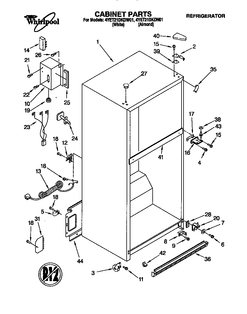 Whirlpool 4YET21DKDN01 cabinet diagram