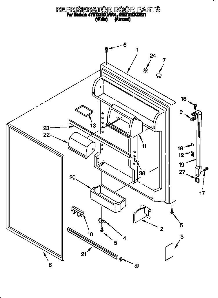 Whirlpool 4YET21DKDN01 refrigerator door diagram