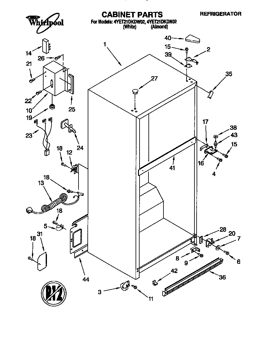 Whirlpool 4YET21DKDW02 cabinet diagram