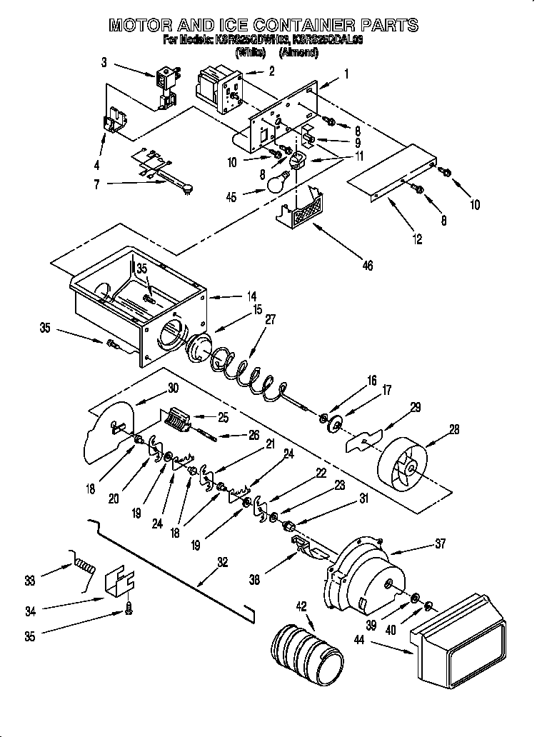 KitchenAid KSRS25QDWH03 motor and ice container diagram