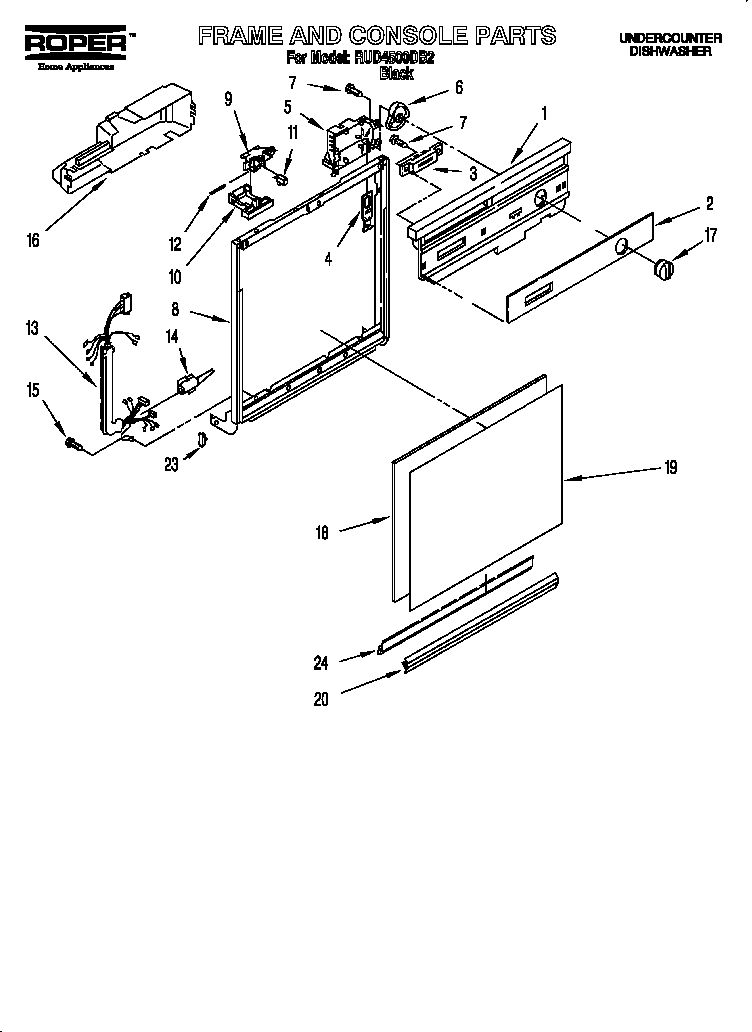 Roper RUD4500DB2 frame and console diagram