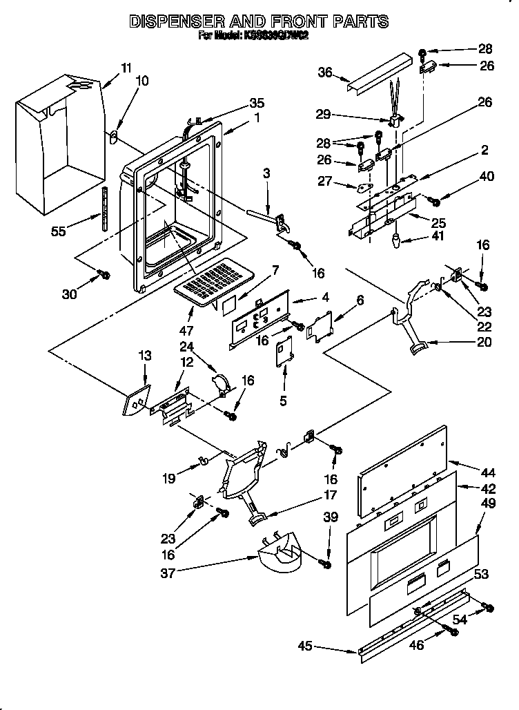 KitchenAid KSSS36QDW02 dispenser and front diagram