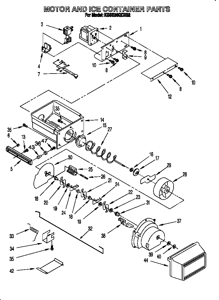 KitchenAid KSSS36QDX02 motor and ice container diagram
